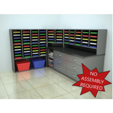 Mail Room Furniture - Complete Wood Mail Center with 75 Mail Pockets and Storage