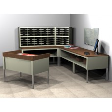 Mail Room Furniture Compact "L" Shaped Mail Center with 56 Pockets, Includes Sorters and Tables, Letter Depth.