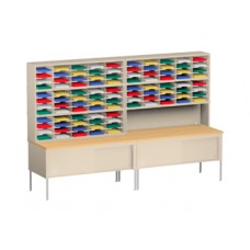 Charnstrom Mail Room Furniture with 120"W X 12-3/4"D, 100 Pocket Sorter with 11-1/2"W Shelves with 30"D Tables