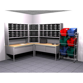 L-Shaped Mail Room with 104 Legal Depth Pockets and 36" Deep Tables