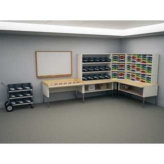 "L" shaped Organizer with Mail Processing Tables, 84 Adjustable Sorting Pockets and 15 Presort Bins